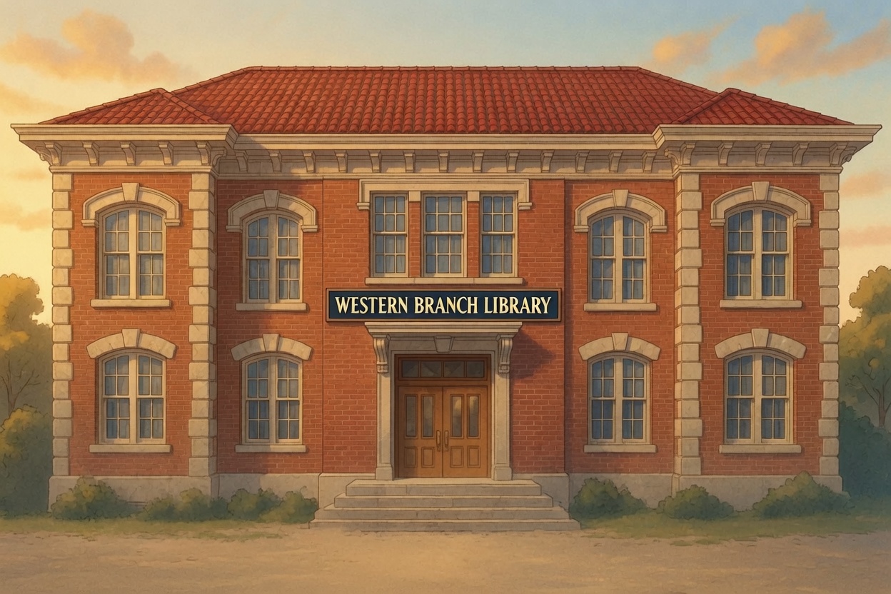 Warm illustrated depiction of the historic Western Branch Library in Louisville Kentucky