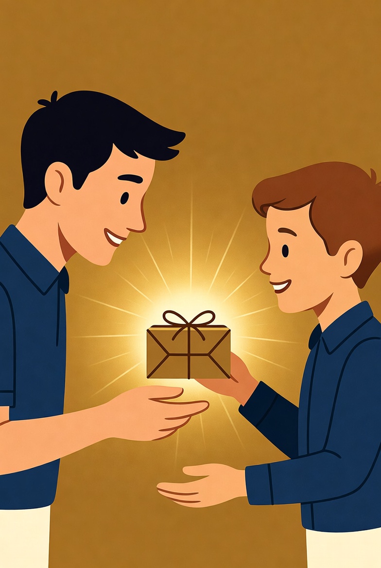Illustration of a person joyfully giving a gift to another person, with a warm golden glow
