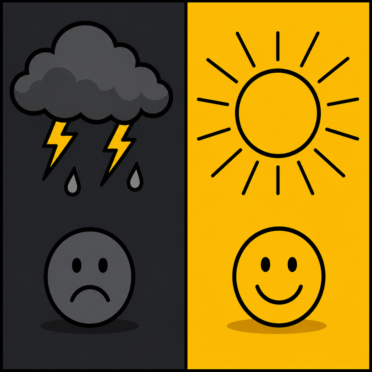 Split image of a dark storm cloud with a sad face on one side and a bright sun with a happy face on the other, for worry-to-peace or before-after themed posts