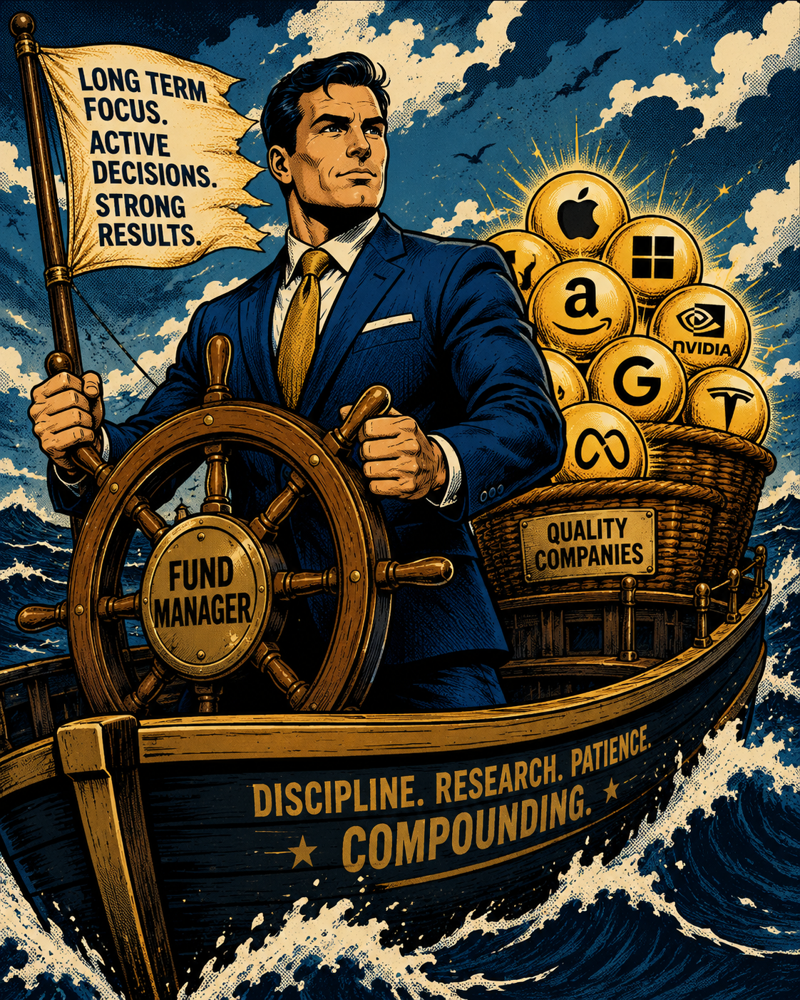 Comic book style illustration of a fund manager steering a ship loaded with a basket of company stocks through rough seas