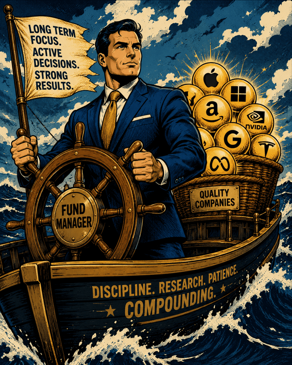 Comic book style illustration of a fund manager steering a ship loaded with a basket of company stocks through rough seas