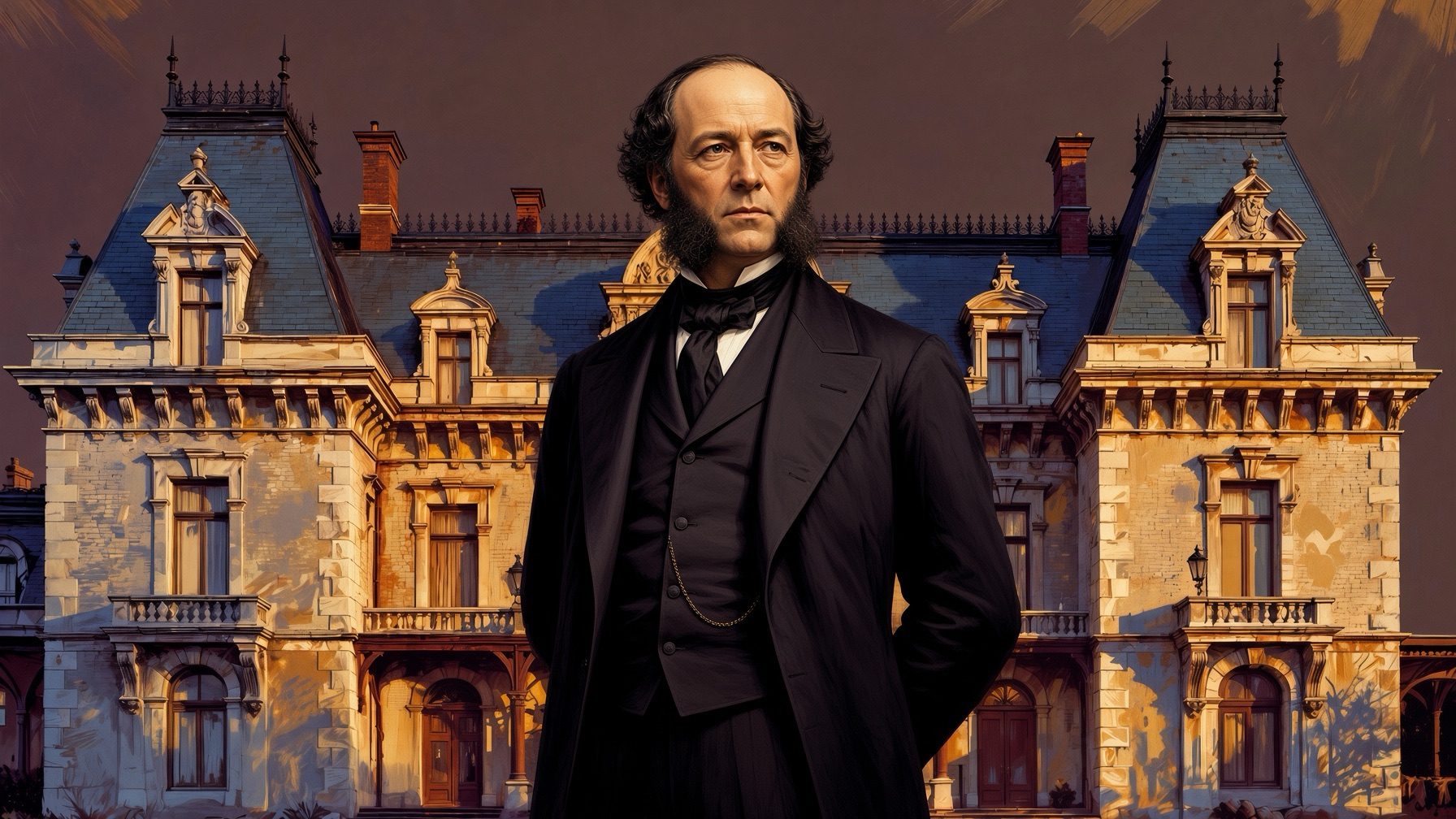 Illustrated portrait of William Henry Vanderbilt standing before a Chateauesque railroad terminal in Gilded Age style