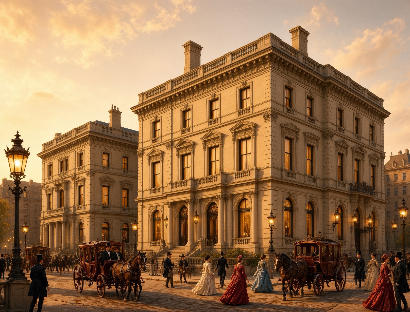 Illustrated Gilded Age street scene of the Vanderbilt Triple Palace mansion on Fifth Avenue with horse drawn carriages