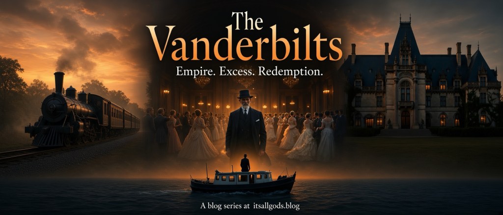 The Vanderbilts: Empire, Excess, Redemption movie-poster style illustration showing the ferry boy, the railroad titan, the costume ball, and Biltmore Estate