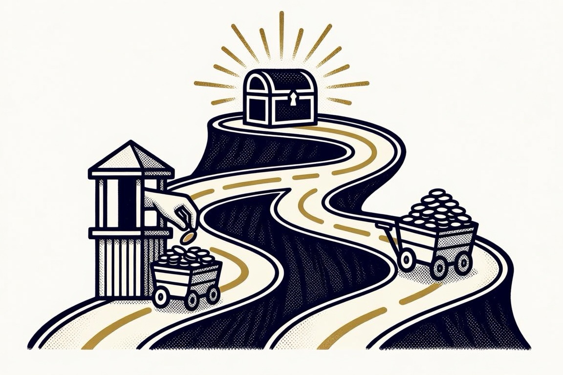 Illustration of a toll road showing fees being taken from a cart along the way, compared to a fee-free road arriving with more treasure