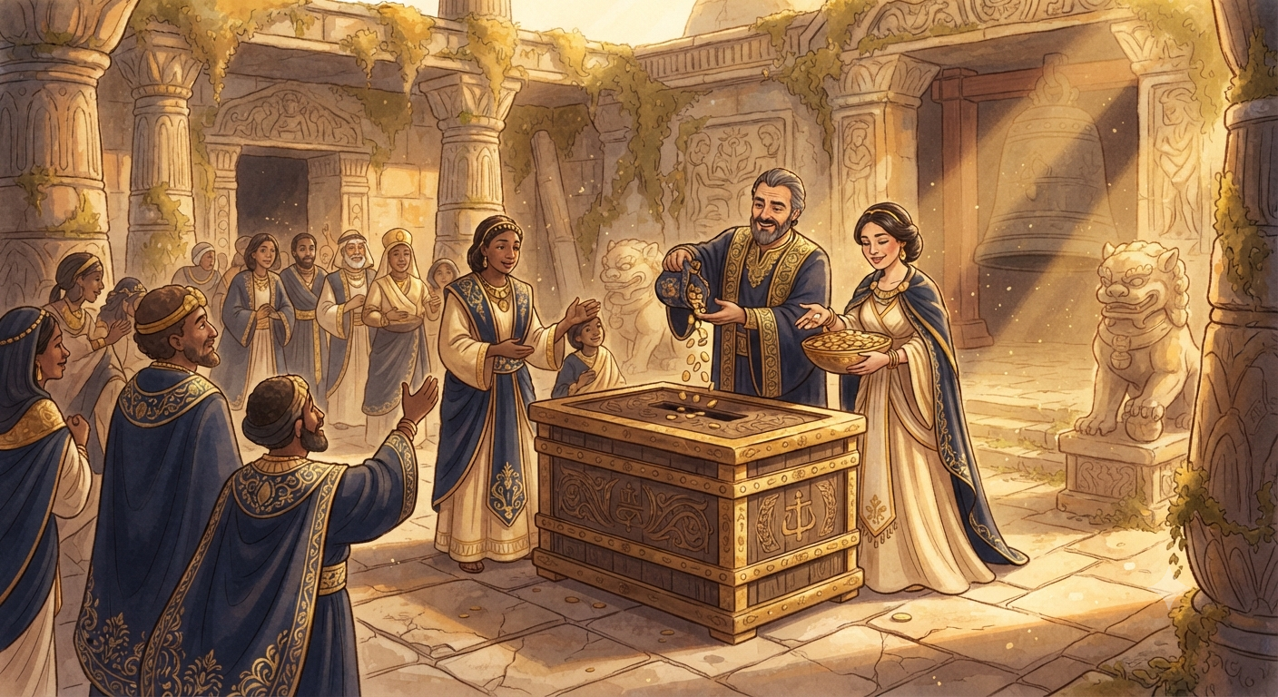 Illustration of wealthy robed figures dropping large amounts of coin into an ornate ancient temple treasury box