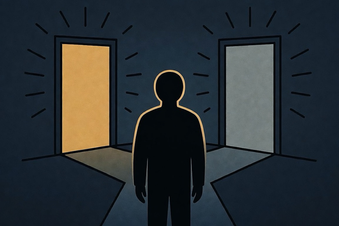 SEO Monday stock image: a silhouetted figure standing before two glowing doorways, one gold, one gray, for major financial decision posts