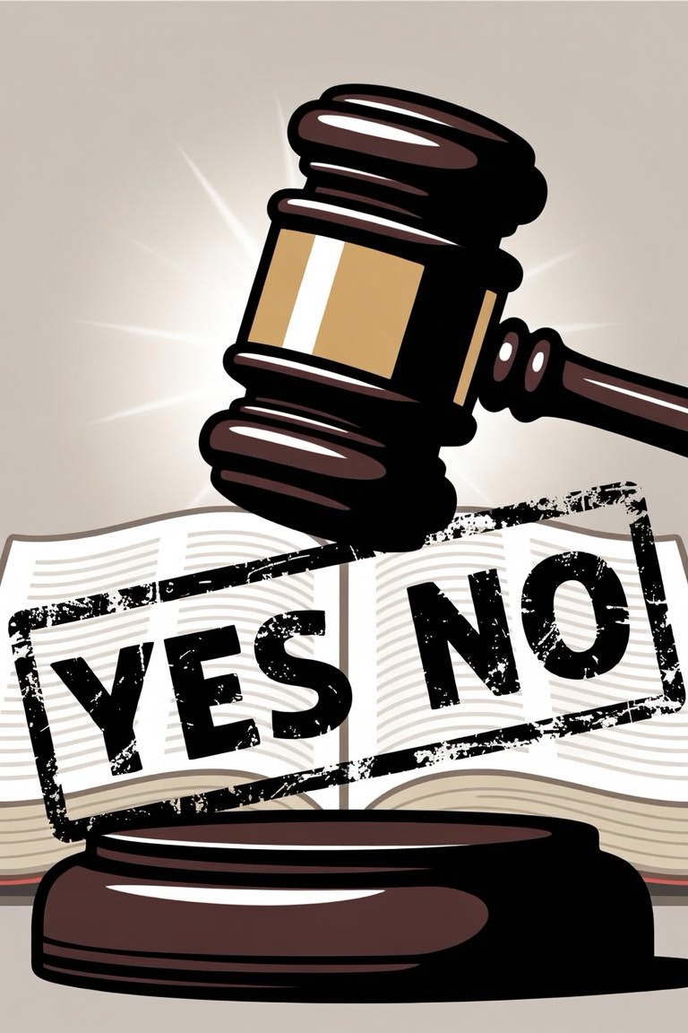 A gavel striking down on an open book with YES and NO stamped across it, for direct yes-or-no biblical questions