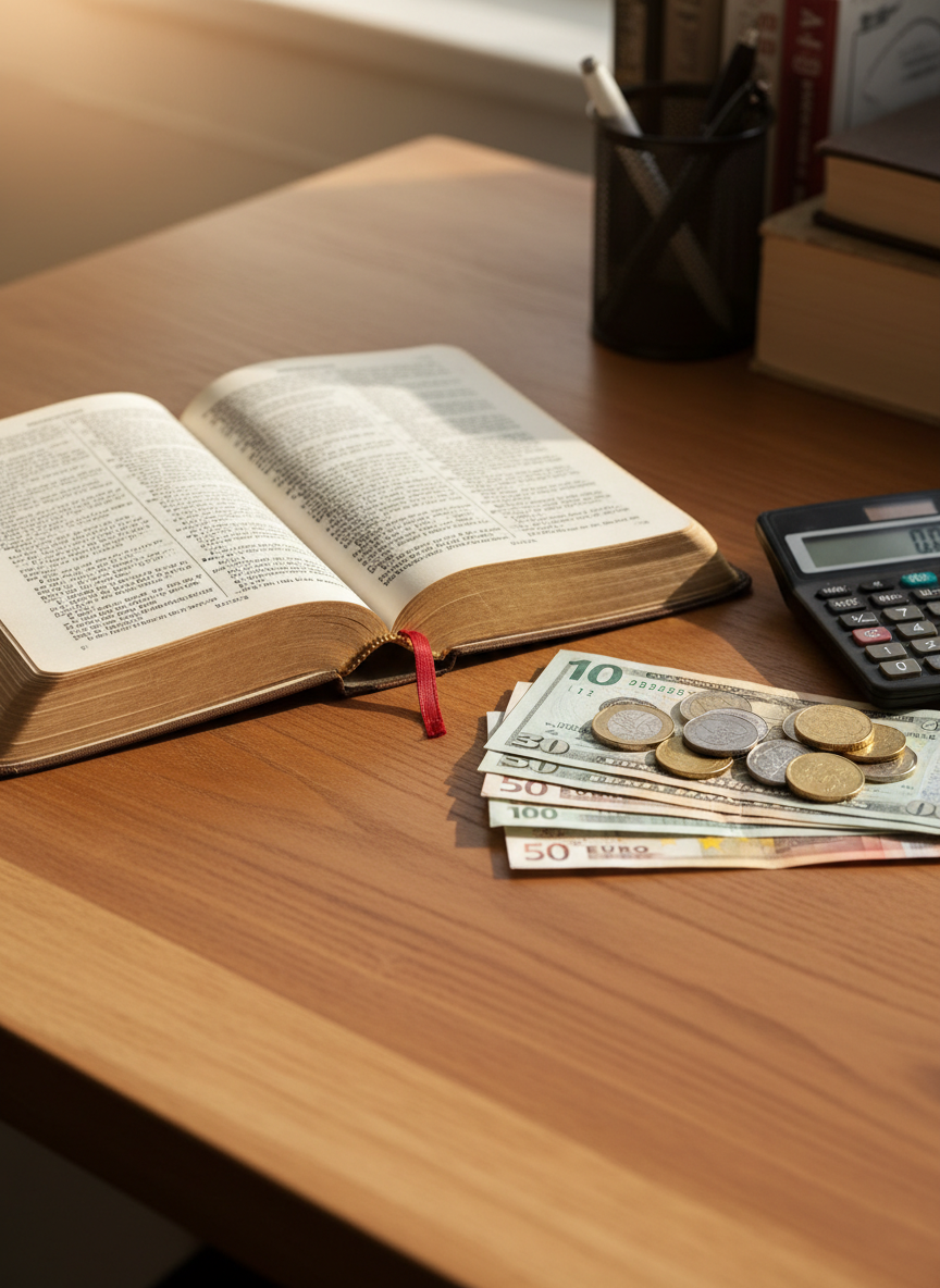 A well-worn leather Bible lying open next to a neatly stacked pile of assorted currency and a simple calculator on a natural wood desk.