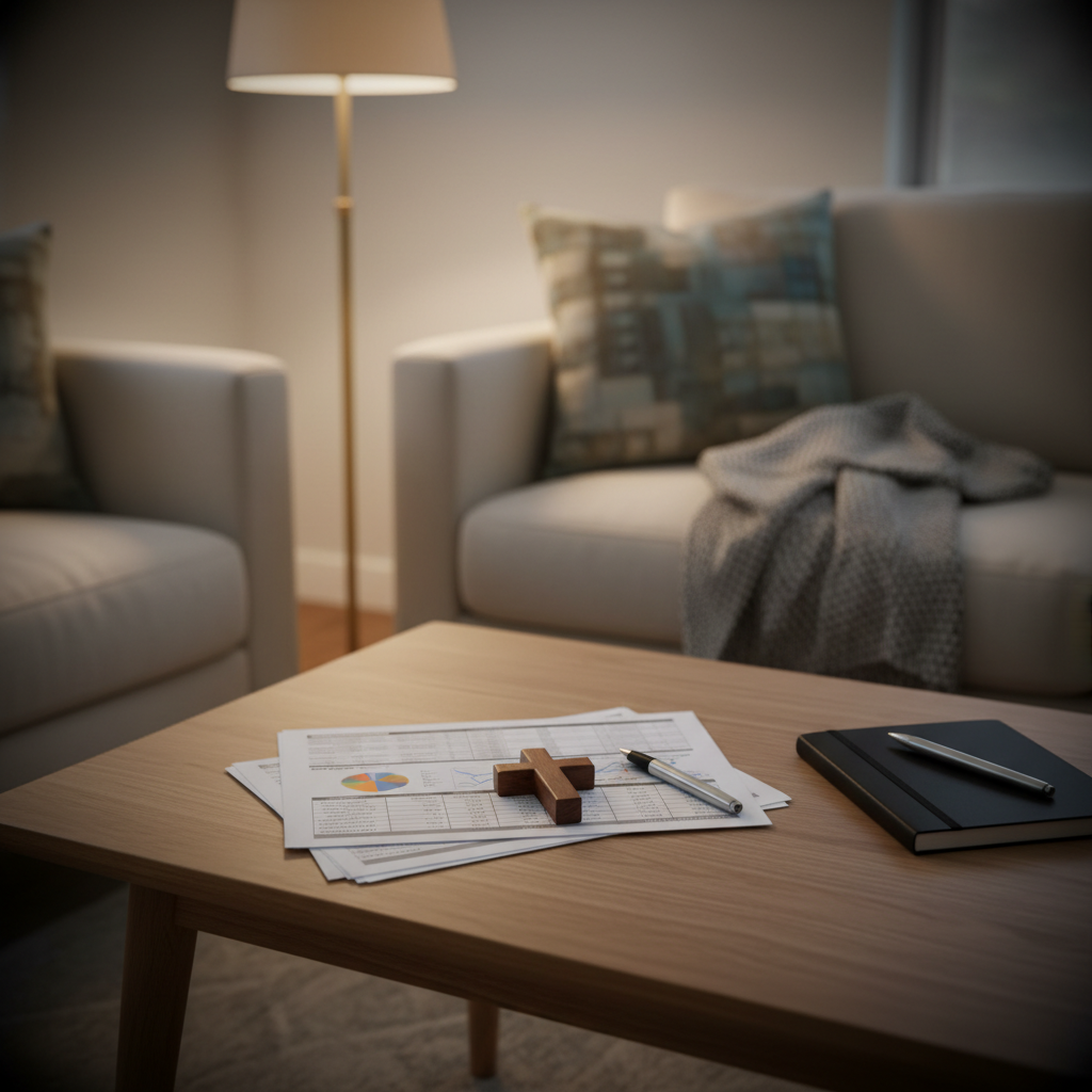 A serene corner of a living room with a low coffee table holding a tidy stack of unbranded financial worksheets, an unmarked spiral notebook, a pen, and a small wooden cross resting on top of the papers.
