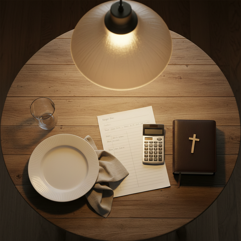 An overhead photographic view of a dining table set for a simple meal, with a budget plan on plain paper, a calculator, and a closed Bible with no visible text on the cover.