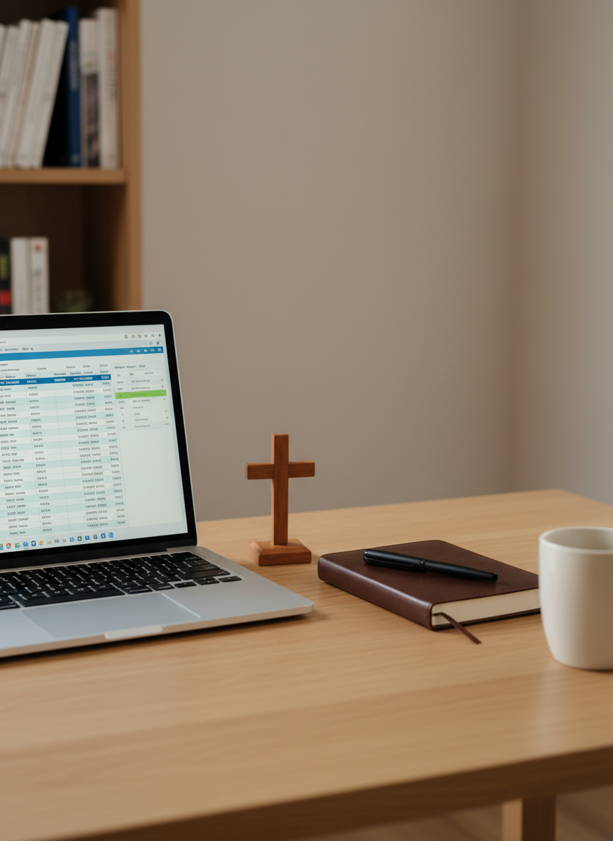 A modest home office desk featuring an open laptop displaying a clean, abstract budgeting spreadsheet interface with no legible text, beside a small wooden cross and a closed, plain journal with a pen resting on top.