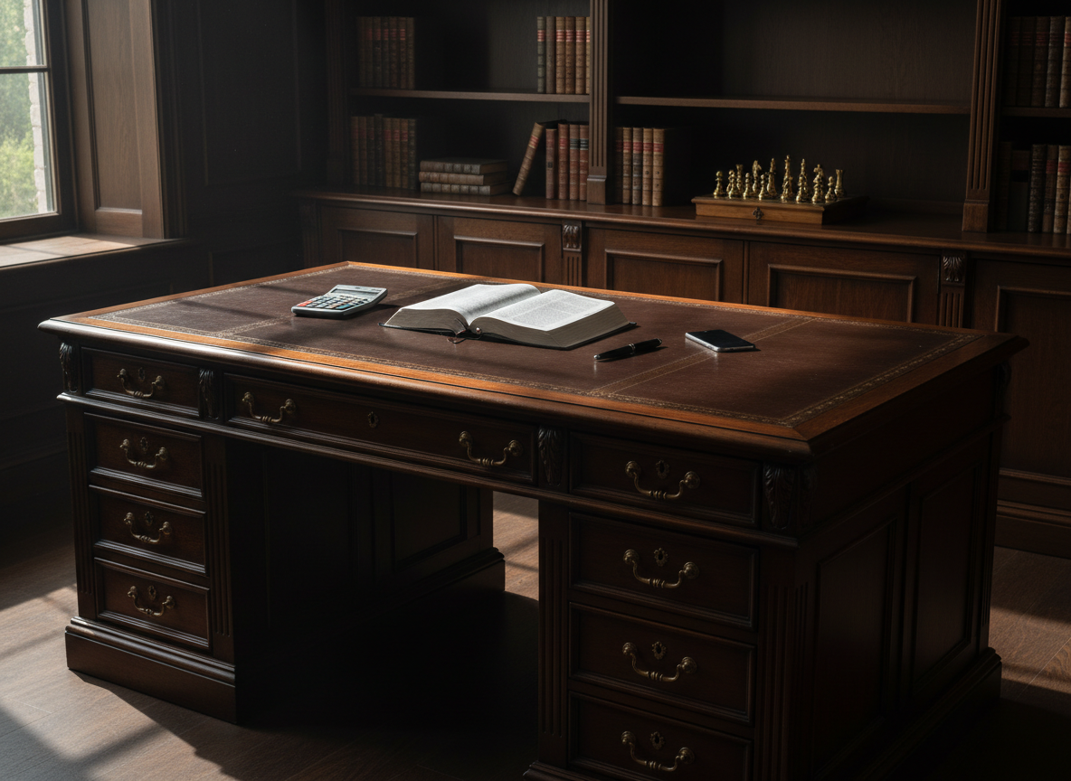A Victorian or Eastlake style home office with a massive, dark walnut or mahogany desk. The desk has heavy carvings, panel details, brass handles, a pristine clean leather top with no dust or dirt, and deep drawers. Late 1800s grand design. On the desk: a clean, pristine open Bible with crisp white pages, a modern calculator, a ballpoint pen, and an iPhone. A chess set sits on the bookshelf in the background. Natural modern daylight flooding in from the side. Dark, moody, dramatic side lighting with deep shadows. Photorealistic, not AI looking. The Bible and desk are immaculately clean — no dust, no dirt, no grime anywhere. Shot like a high-end editorial photograph for a serious publication.