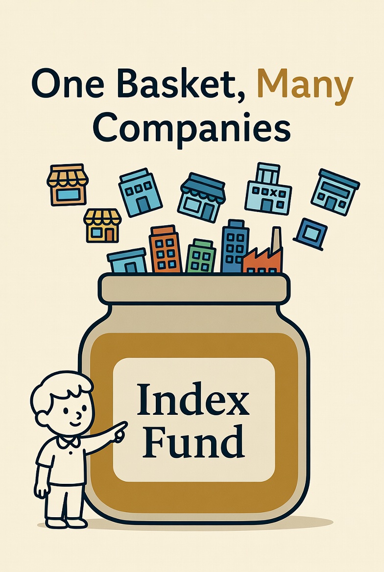 Illustration of a jar labeled Index Fund filling with icons of many small companies, captioned One Basket Many Companies